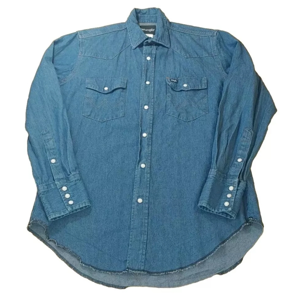Vtg Wrangler Pearl Snap Blue Denim Shirt Men M Western Rockabilly Biker Country